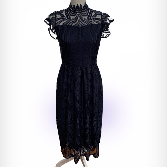 JJs House Dresses & Skirts - Elegant Navy Lace Midi Dress with High Neck